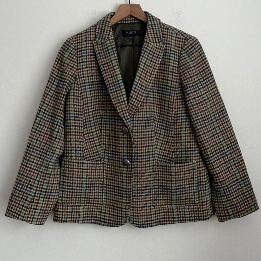 Talbots Blazer Shetland Houndstooth Wool Blend Tweed Two Button Crest career 12P - Picture 2 of 8